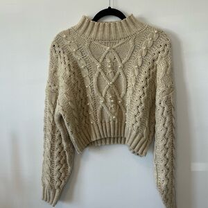 She + Sky Beige Cable Knit Turtleneck Sweater